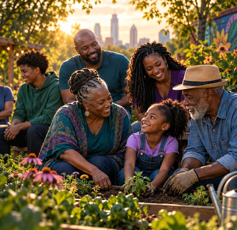 A multigenerational community gathering in a neighborhood garden to plant and learn together.