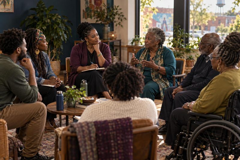 A multigenerational group participating in an inclusive community wellness conversation.