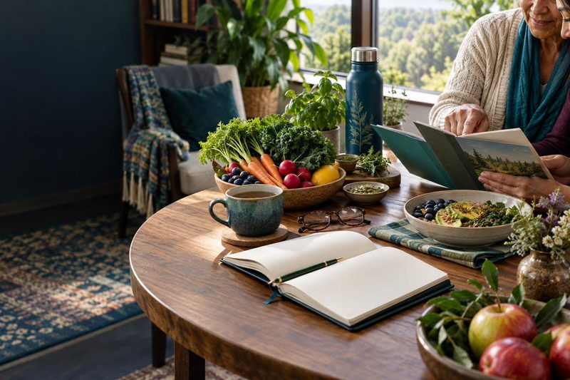 A wellness-learning table with fresh produce, a journal, reading glasses, water, and two generations reviewing information together.