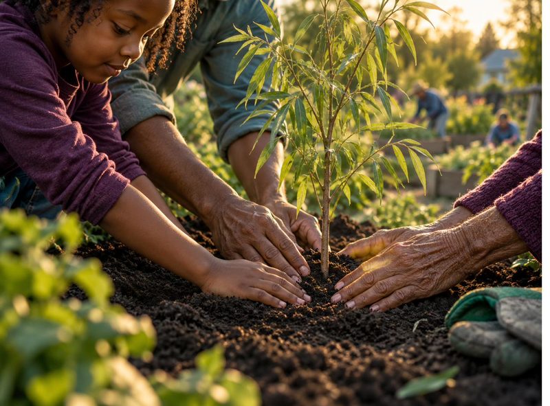 A child, adult, and senior working together to plant a young willow tree.