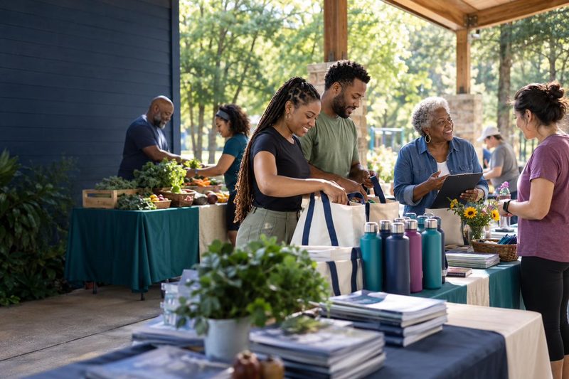 Community volunteers preparing wellness resources and fresh produce for a neighborhood event.
