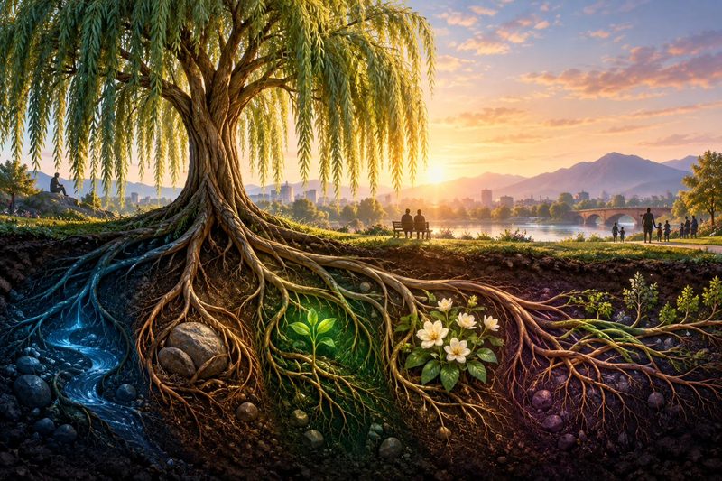 A flourishing willow tree with visible roots, new growth, blossoms, and a connected community landscape.