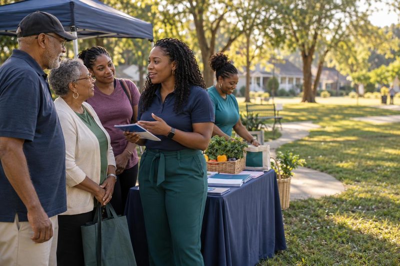 A community wellness educator sharing resources with residents at an outdoor neighborhood outreach event.