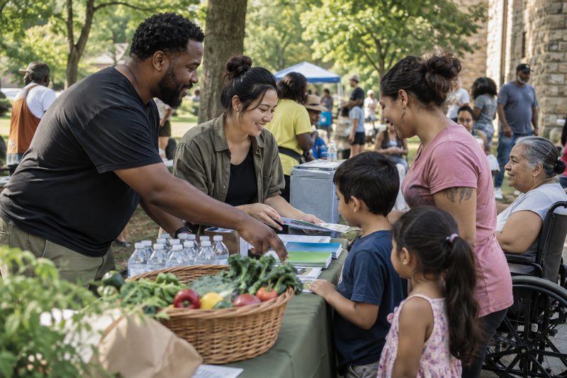 A volunteer sharing wellness resources and fresh produce with community members at an outreach event.
