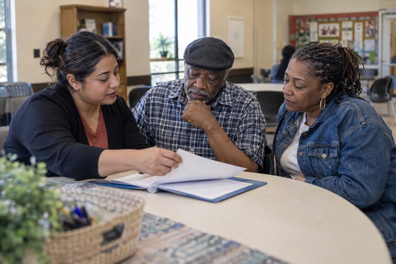 A resource navigator reviewing paperwork and options with two community members.